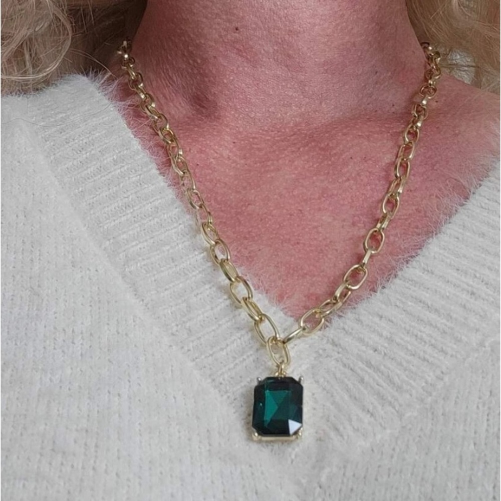 Stunning Geometric Emerald Green & Gold Chunky Bold Chain Necklace - Picture 8 of 10